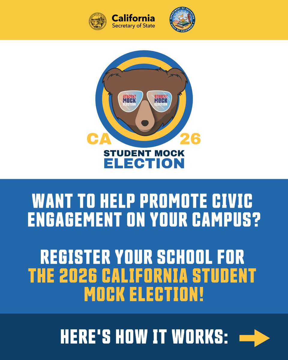 CASOSVote's tweet photo. Want to help promote civic engagement on your campus? 🎒 Register your school for the 2026 California Student Mock Election! 🗳️ ✍️ https://t.co/5oxr4Fjmtq