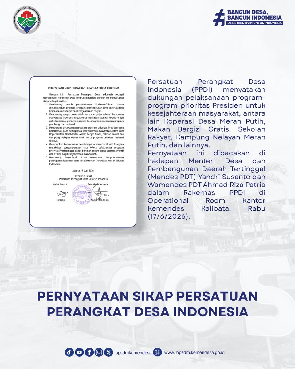 mdinnn01's tweet photo. Menteri Desa PDT *Yandri Susanto* , menyambut positif deklarasi Perangkat Desa mendukungan Program KDMP dan MBG, karena menyasar langsung ke masyarakat, dalam Rakernas PPDI di Operational Room Kantor Kemendesa PDT Kalibata, Rabu (17/6/2026).

#KementerianDesaPDT
#BPSDMKementerian https://t.co/NSMhmKSqKl