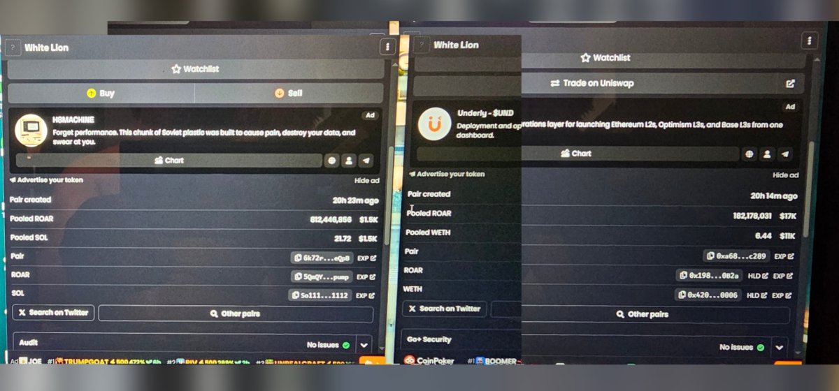 PoorGeniusPG's tweet photo. White Lion (ROAR) {Solana} was hit by a {WETH} "clone's" huge mass of automated MEV bots, launched with exact same names, at 9 minutes difference.  Their bots sandwiched every trxn that was intended for White Lion, not allowing the public to get in until the bots paused for the FOMOs to Buy only to have their Sol as profit after after the clone's bots simultaneously dumping. After draining White Lion (ROAR) {SOL} the clone shut down shop and hit the road.  That is so wild.  I guess my presentation was so dang good somebody wanted to look like me.  Im chasing my own Roar to discover just how far it can be heard. This ain't over.
