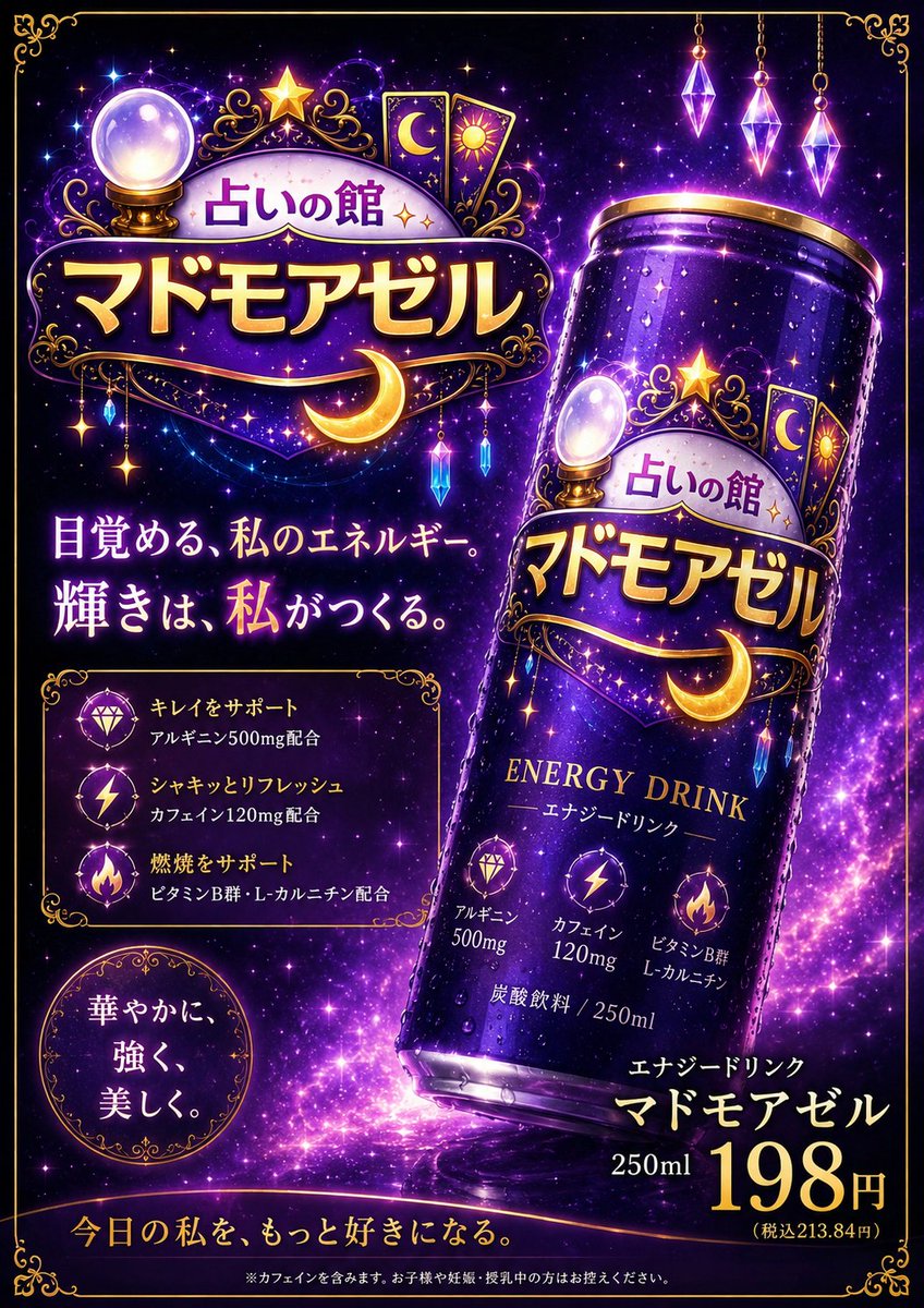 uruha2848's tweet photo. #うるカガマート #コンビのコンビニ

『エナジードリンク🔮マドモアゼル』
(占いの館🔯マドモアゼル監修)

輝きは、私がつくる！
華やかに、強く、美しく。

◆運気が下がっても保証しません
◆効果についてのお問い合わせはマドモアゼルまで

#うるおいとカガヤキを毎日のくらしに

※全て架空です。 https://t.co/KGvbR968ua
