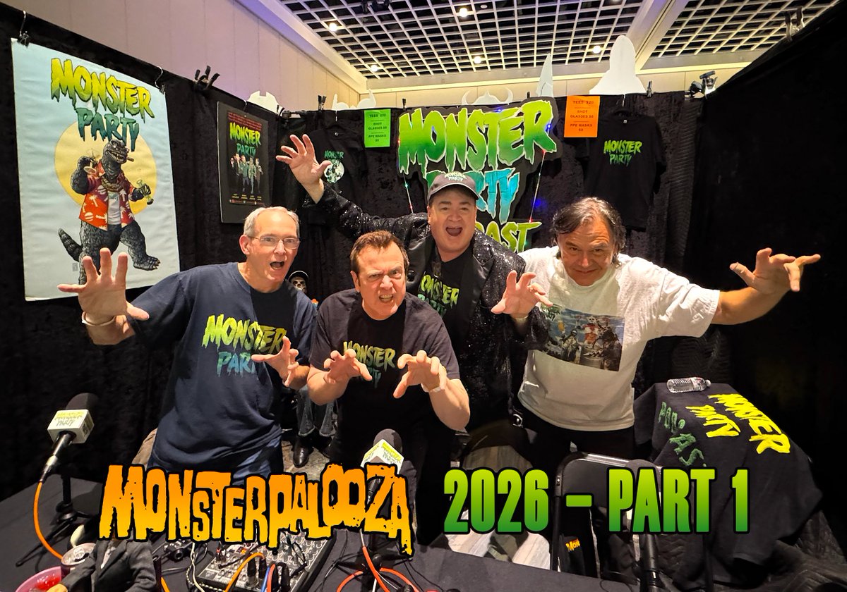 monsterpartyhq's tweet photo. Day One at the ultimate horror con begins with MONSTERPALOOZA 2026 PART 1! Friday at the Monster Party booth was bustling with frightful fun as fans, filmmakers, and fear experts chatted with the gang! Listen in and join in the bloody good times! 💀 https://t.co/YfIWkRGd9o https://t.co/m3UkdRXJce