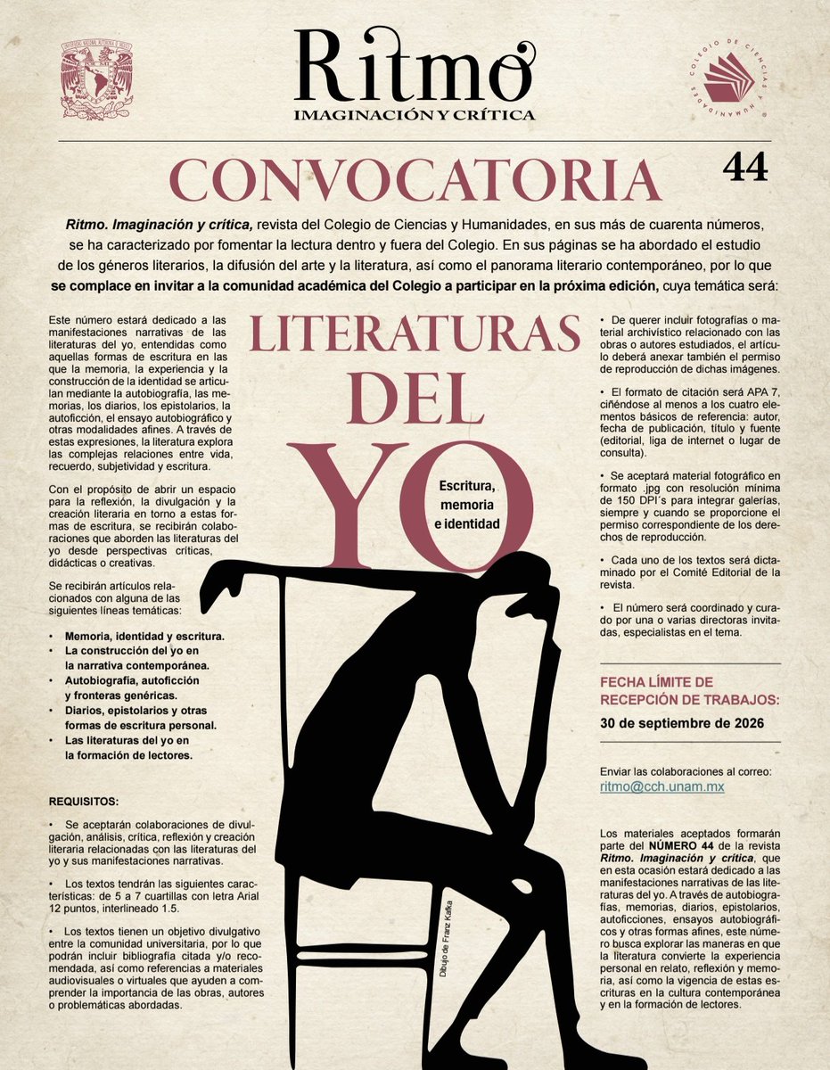 CCHUNAM's tweet photo. ¿Eres docente de nuestro Colegio y te gusta escribir? 👨🏽‍🏫✍🏽📝 

La #RevistaRitmo te invita a participar en su número 44 con un texto sobre las: Literaturas del yo.

Dale clic y checa los detalles ⬇️⬇️ https://t.co/aWiYMLDbKS