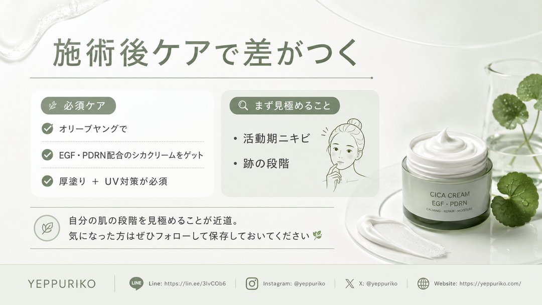 yeppuriko's tweet photo. 「ニキビ、何度治しても同じ場所に戻ってくる…」
それ、皮脂腺が残ったままだから。

2026年の韓国では、もう「肌を削る」だけの時代は終わっています。
最新トレンドは、皮脂腺そのものを根本から壊して、コラーゲンで内側から再生させる組み合わせ治療。

✨ 活動期ニキビ（いまある炎症）には…
🔸 ゴールドPTT：ダウンタイムは当日のみ。皮脂腺だけをピンポイントで破壊
🔸 アグネス：頑固な繰り返しニキビに。高周波で皮脂腺を根元から焼く

✨ ニキビ跡・クレーター・毛穴には…
🔹 ポテンツァ ＋ ジュベルック：コラーゲンを自力で作らせ、凹みを内側からふっくら押し上げる（ダウンタイム2〜4日）
🔹 ミラジェット ＋ ジュベルック：針なし・痛み少なめの最新トレンド。赤みも1〜2日程度と短め

施術後は、オリーブヤングでEGF・PDRN配合のシカクリームをゲットして厚塗り＆UV対策が必須。ここで差がつきます。

自分の肌が「活動期」か「跡の段階」か、まず見極めることが近道。
こういった最新情報をこれからも発信していくので、気になった方はぜひフォローして保存しておいてください🌿
