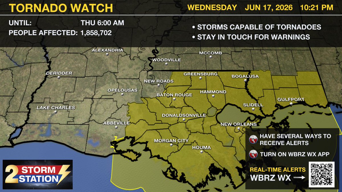 WBRZweather's tweet photo. *TORNADO WATCH* for the shaded area. We're tracking storms and will bring you warnings if issued. #lawx #mswx https://t.co/ZUlA8gXcV4