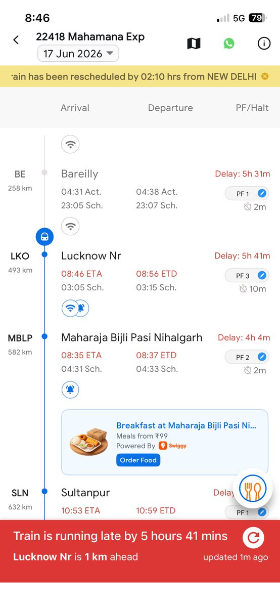 Neeleshsinghngo's tweet photo. @RailMinIndia @RailwaySeva
Travelling on 22418 Mahamana Express (PNR 2737752445, B1-71 RAC) from Ghaziabad to Varanasi. Train is running 5h 41m late. Complaint already lodged via 139 (No. 2026061801209), but no response or action so far. Kindly intervene and ensure accountability https://t.co/698cCL5fwY