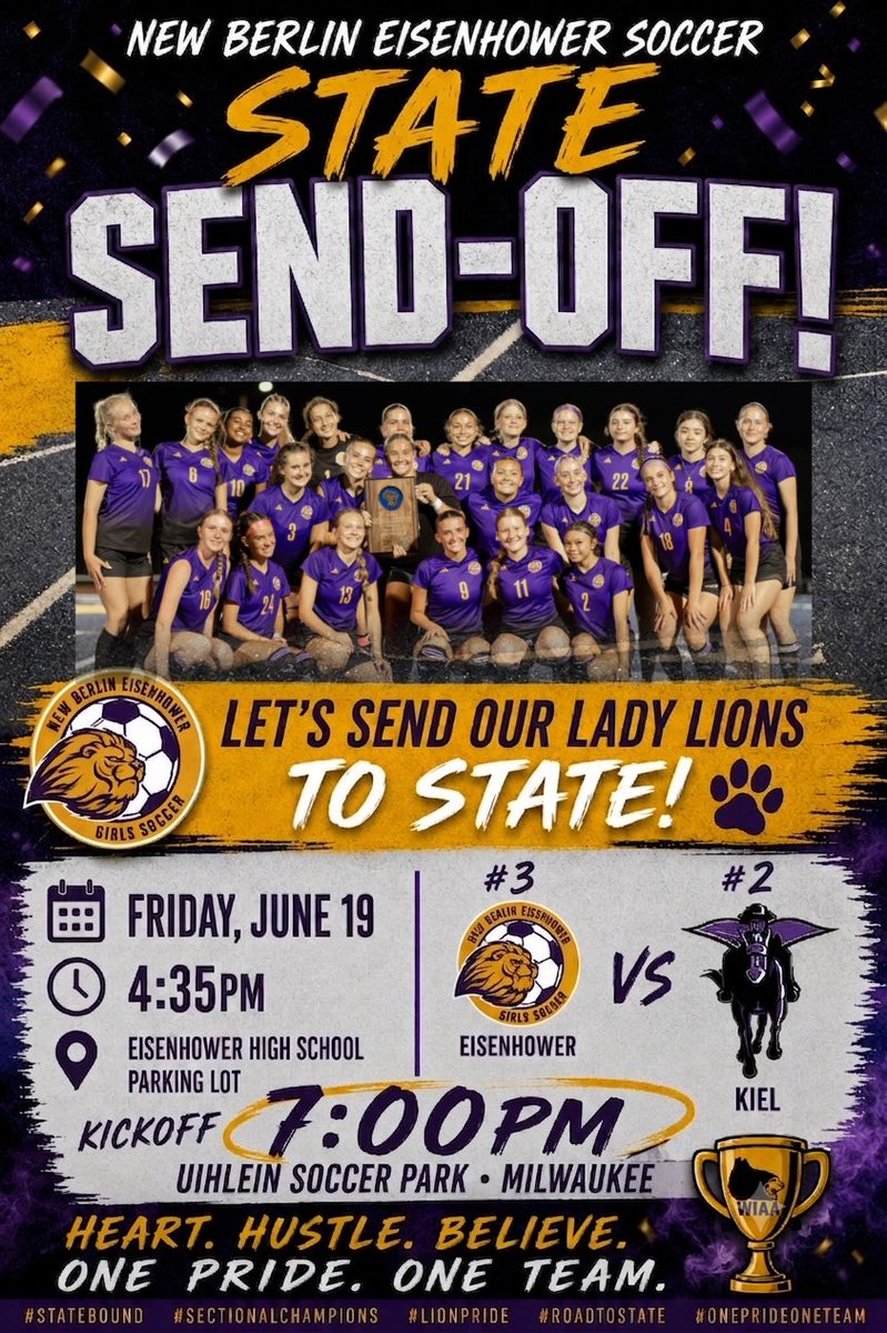 ikegrlssoccer's tweet photo. Come on out Friday to send the girls off. Then, send yourself off up to Uihlein to support the girls and help send them to the championship game. https://t.co/eFCXLhCUk4