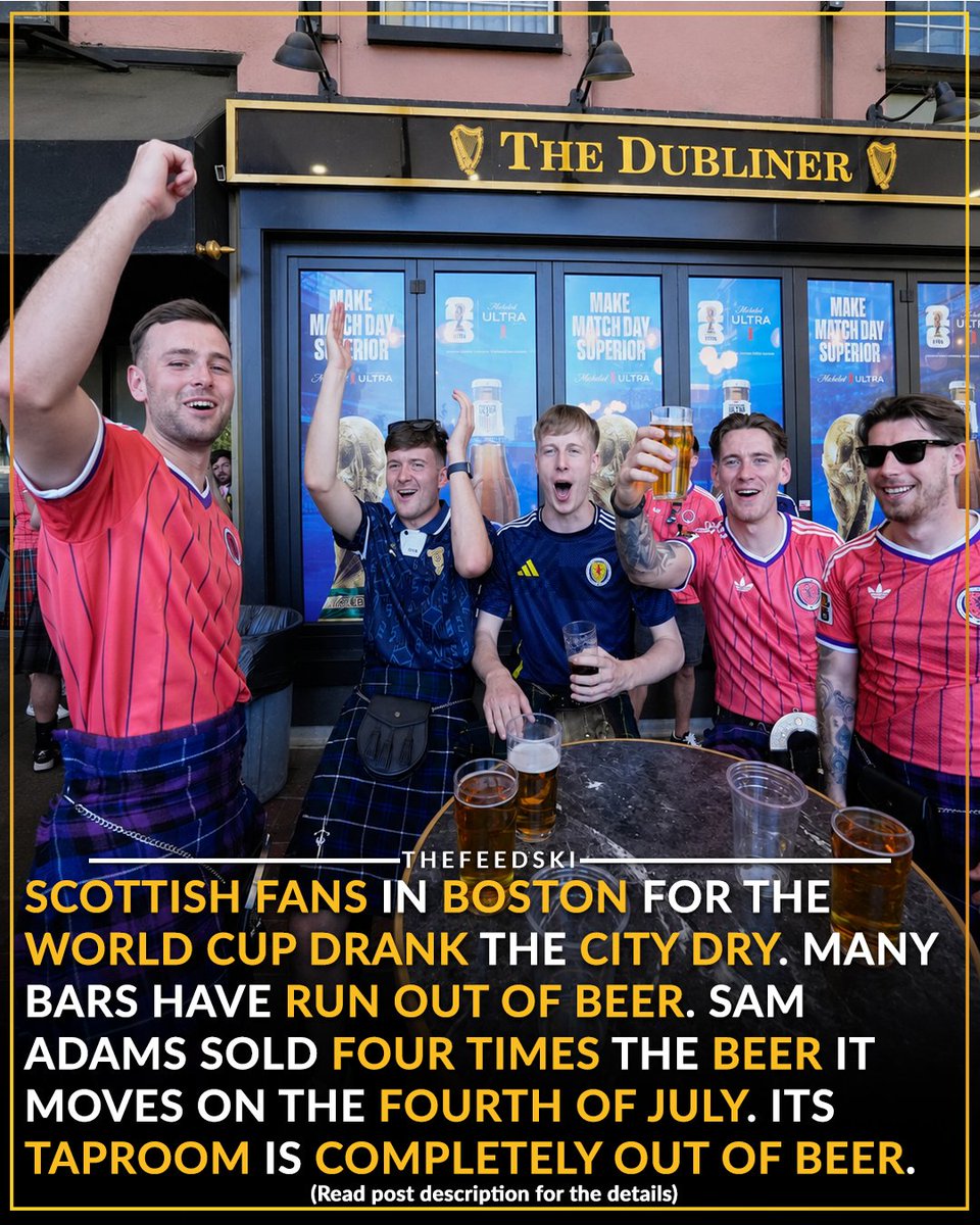 TheFeedskiVids's tweet photo. For the first time in 28 years, Scotland's men's team reached the World Cup. So their fans did what the Tartan Army does best. They booked flights and turned a host city into one giant party.

More than 20,000 Scottish supporters poured into Boston for their group matches at nearby Gillette Stadium. Then they went looking for a drink.

What followed broke records all over the city. From Thursday to Sunday, the Sam Adams Boston Taproom sold four times the beer it normally moves during a holiday stretch like the Fourth of July, and still ran completely out of its own flagship Boston Lager. Staff had to call in an emergency delivery on Saturday morning just to keep up.

They were not alone. Hennessy's Bar tripled its St. Patrick's Day sales and sold out of beer entirely on Sunday night. The White Bull Tavern ran so dry that one Scottish fan said the only thing left on tap was Bud Light.

After watching their team beat Haiti 1-0, the fans poured back into the streets and even marched on Fenway Park to take in a Red Sox game, kilts and bagpipes and all.

Boston has thrown a lot of parties in its time. As one bar manager who had worked there for over 30 years put it, they had never seen anything like this.