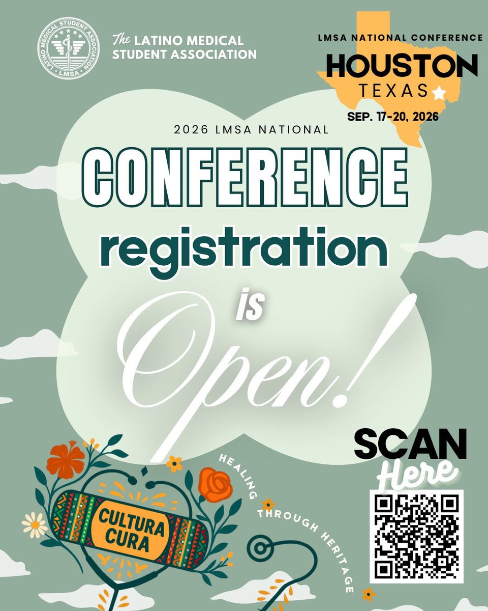 LmsaNational's tweet photo. Join us in Houston, Texas from September 17–20 as we come together under this year’s theme, Cultura Cura: Healing Through Heritage 🌿🌺

🎟️ Secure your spot now! Let’s show up, show out, and continue shaping the future of medicine together. 🤝

#LMSA #NC2026 #CulturaCura https://t.co/UlR3PdhLau
