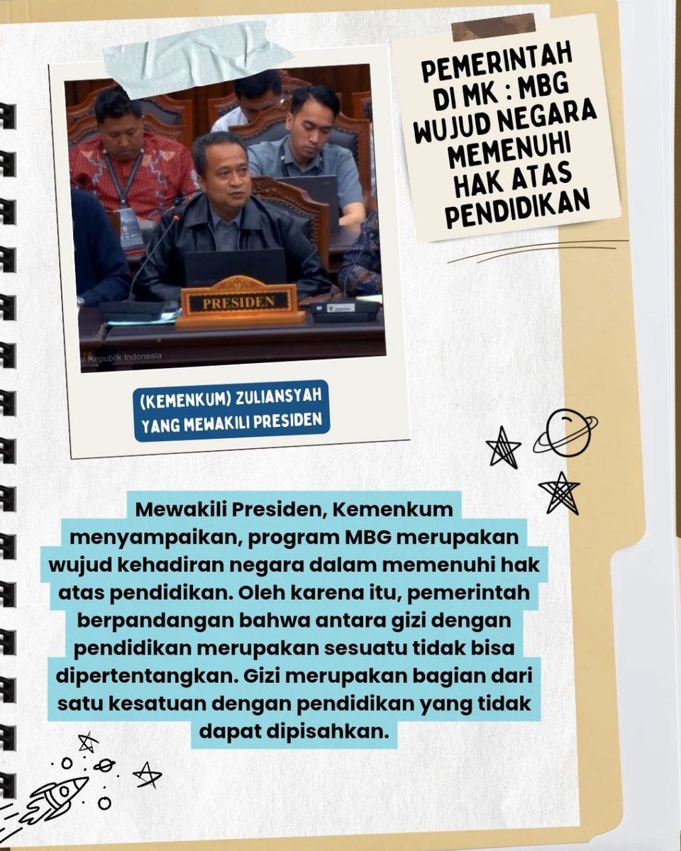 diyarablues's tweet photo. Direktur Litigasi dan Nonlitigasi Kementerian Hukum (Kemenkum) Zuliansyah yang mewakili Presiden menyampaikan, program Makan Bergizi Gratis (MBG) merupakan wujud kehadiran negara dalam memenuhi hak atas pendidikan. https://t.co/aSIMDK07ZI