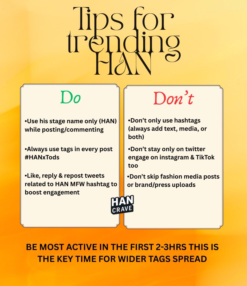 HJSCRAVE's tweet photo. IMPORTANT INSTRUCTIONS‼️

🔶 Our goal is for HAN to make a memorable Fashion Week debut and become the most talked about celebrity at MFW 

🚨 We’d like to STRONGLY emphasize mentioning only HAN when posting as any other variation will not be counted toward either EMV or MIV https://t.co/9OMvqlQz6b