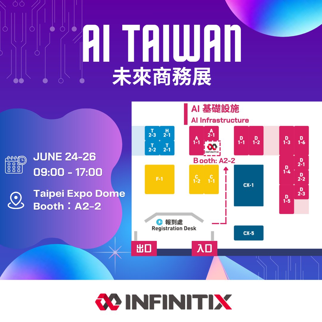 INFINITIX_JP's tweet photo. 数位無限（INFINITIX）は、AIインフラからAIクラウドエコノミーまでを支えるAIエコシステムをご紹介します。

ぜひブースへお立ち寄りください！

📅 6月24日～26日
📍 AIインフラストラクチャゾーン A2-2
皆さまのご来場をお待ちしております！ https://t.co/H4sYrbmrQX