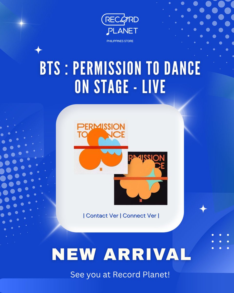Recordplanet_ph's tweet photo. BTS Permission to Stage – On: Live is here at Record Planet! 🎤
 
📦 Versions available:
• Connect
• Contact
 
Get yours today! See you at Record Planet. 💜

#btsarmy #BTS #btspermissiontodance
#kpopstore https://t.co/DpRn8jjfEU