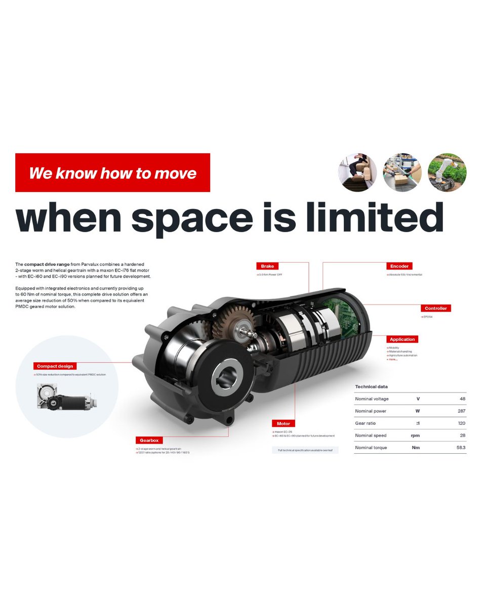 maxon_India's tweet photo. The #Parvalux by #maxon #CompactDrive combines a powerful geartrain with a maxon EC-i motor and integrated electronics—delivering up to 60 Nm torque while reducing size by up to 50% compared to traditional solutions.
📩 info.in@maxongroup.com | ☎ +91‑8041734132
#maxonindia https://t.co/QDTgsM1R6d
