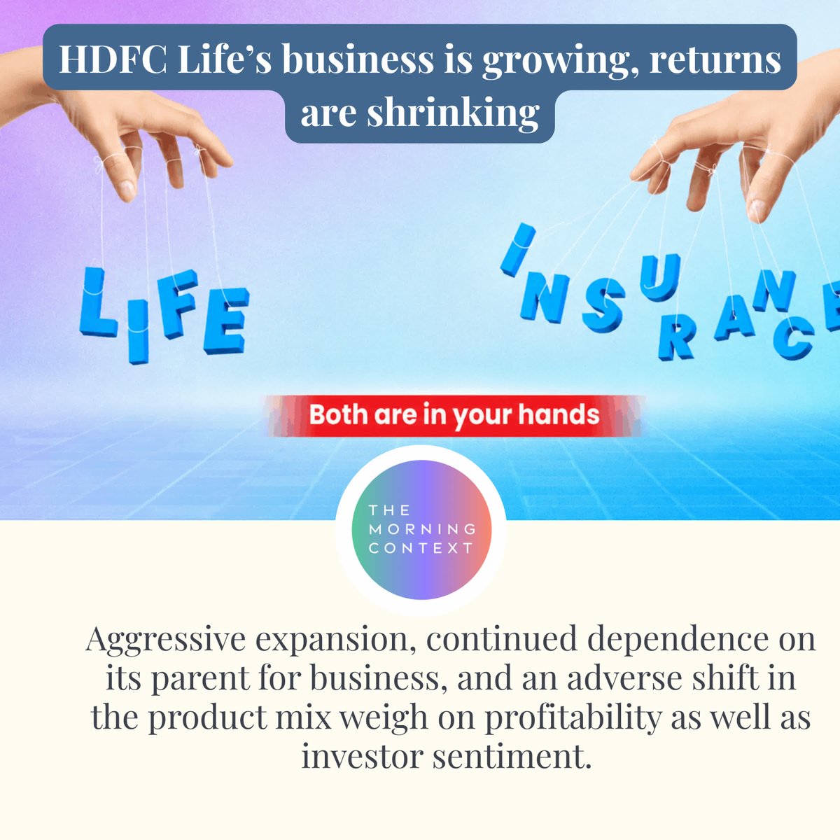 MorningContext's tweet photo. HDFC Life expands aggressively, but rising costs, weaker margins, and channel dependence keep investor returns under pressure.
@no_nod_nitesh writes for @MorningContext. Check comments for story link. https://t.co/nbYlgjzKst