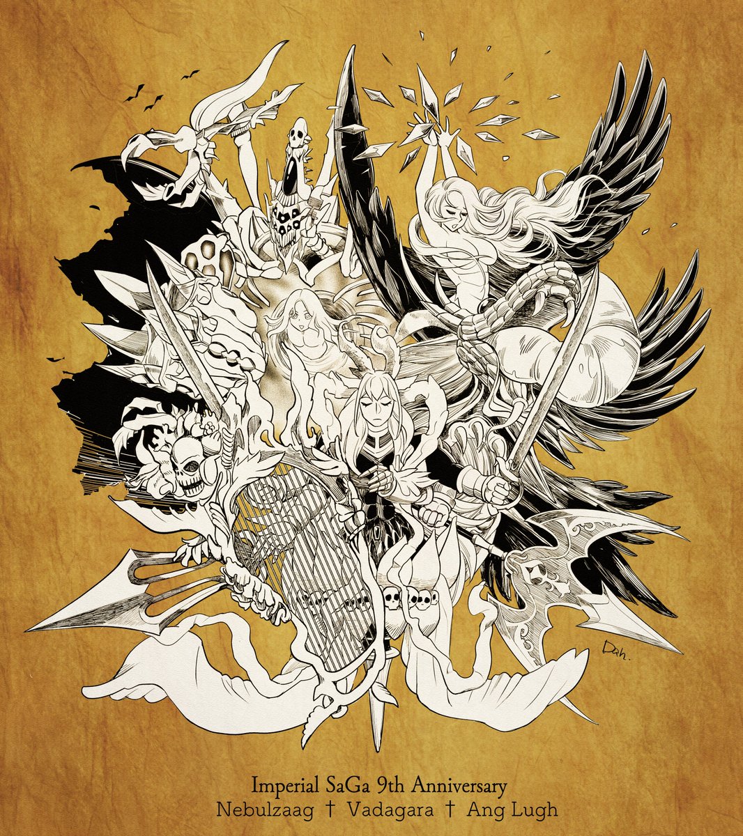 sg_dahlia's tweet photo. インペリアルサガ11周年その2
インサガECの最後の期間に描いた三位一体の神たちです。
（ネブルザグ ヴァダガラ アン・ルー）
修練でございました。ネブたん(骨)の頭が形が掴めなくて特に難しかった…と思う。 https://t.co/RBKUJ3aYTp