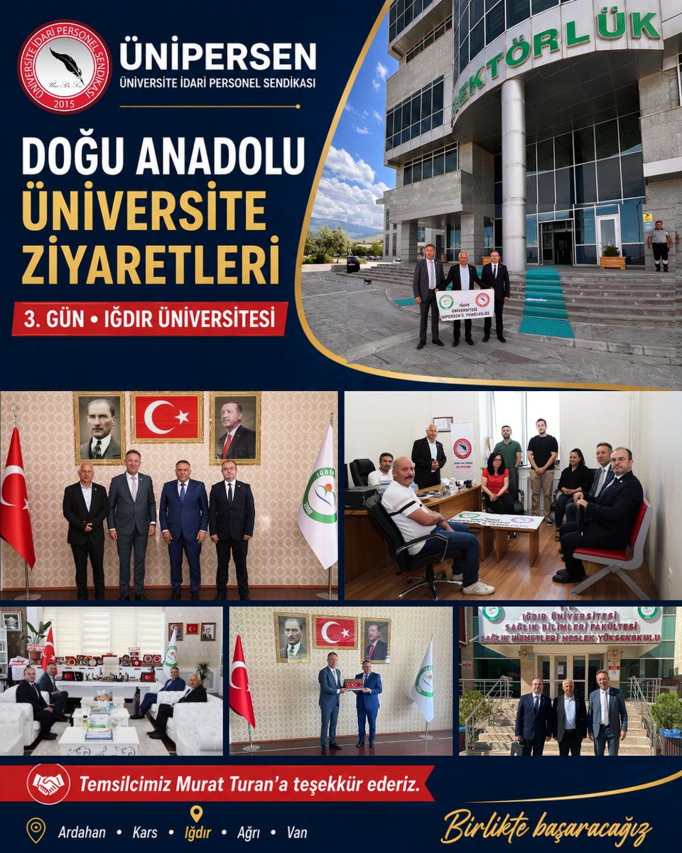 erdemyalcin38's tweet photo. SENDİKAMIZ, DOĞU ANADOLU ZİYARETLERİNİN 3. GÜNÜNDE IĞDIR ÜNİVERSİTESİ’NDE

Üniversite İdari Personel Sendikası olarak; Ardahan, Kars, Iğdır, Ağrı ve Van illerinde bulunan üniversitelerde görev yapan çalışma arkadaşlarımızla bir araya gelmek, sorunları yerinde dinlemek ve çözüm bekleyen talepleri sahadan almak amacıyla başlattığımız Doğu Anadolu üniversite ziyaretlerimizin 3. gününde Iğdır Üniversitesi’nde ziyaretlerimizi gerçekleştirdik.

Sendikamız Genel Başkan Vekili Erdem Yalçın ve Genel Başkan Yardımcısı Zeynel Kaman’ın katılımıyla gerçekleştirilen ziyaretlerde, Iğdır Üniversitesi’nde görev yapan idari personel çalışma arkadaşlarımızla bir araya gelinerek çalışma hayatına ilişkin sorunlar, beklentiler ve çözüm bekleyen konular hakkında istişarelerde bulunuldu.

Program kapsamında ayrıca Iğdır Üniversitesi Rektörü Prof. Dr. Ekrem GÜREL makamında ziyaret edilmiştir. Gerçekleştirilen görüşmede; üniversite idari personelinin kurumsal işleyiş içerisindeki önemi, çalışma barışının güçlendirilmesi, personel motivasyonunun artırılması ve idari personelin karşı karşıya kaldığı sorunların çözümü noktasında değerlendirmelerde bulunulmuştur.

Ziyaretlerde özellikle üniversite idari personelinin en temel beklentileri arasında yer alan tayin-nakil sorunu, yükseköğretim tazminatı, geliştirme ödeneğinden idari personelin de yararlanması, görevde yükselme ve unvan değişikliği süreçlerinde liyakat ilkesinin güçlendirilmesi, çalışma huzuru, kurumsal adalet ve yerel düzeyde yaşanan sorunlar gündeme getirilmiştir.

Doğu Anadolu ziyaretlerimiz, yalnızca bir saha programı değil; aynı zamanda üniversite idari personelinin sesini doğrudan yerinden almak, sorunları raporlamak ve çözüm iradesini güçlendirmek amacı taşıyan önemli bir çalışmadır.

Iğdır Üniversitesi’nde sendikamızın çalışmalarına katkı sunan, ziyaret programımızda bizlere destek olan ve çalışma arkadaşlarımızla bir araya gelmemize katkı sağlayan temsilcimiz Murat Turan’a; misafirperverlikleri için Iğdır Üniversitesi ailesine teşekkür ederiz.

Üniversite idari personelinin haklı taleplerini daha güçlü şekilde savunmak, sorunlara birlikte çözüm üretmek ve mücadelemizi büyütmek için tüm çalışma arkadaşlarımızı sendikamıza üye olmaya davet ediyoruz.

Birlikte başaracağız.