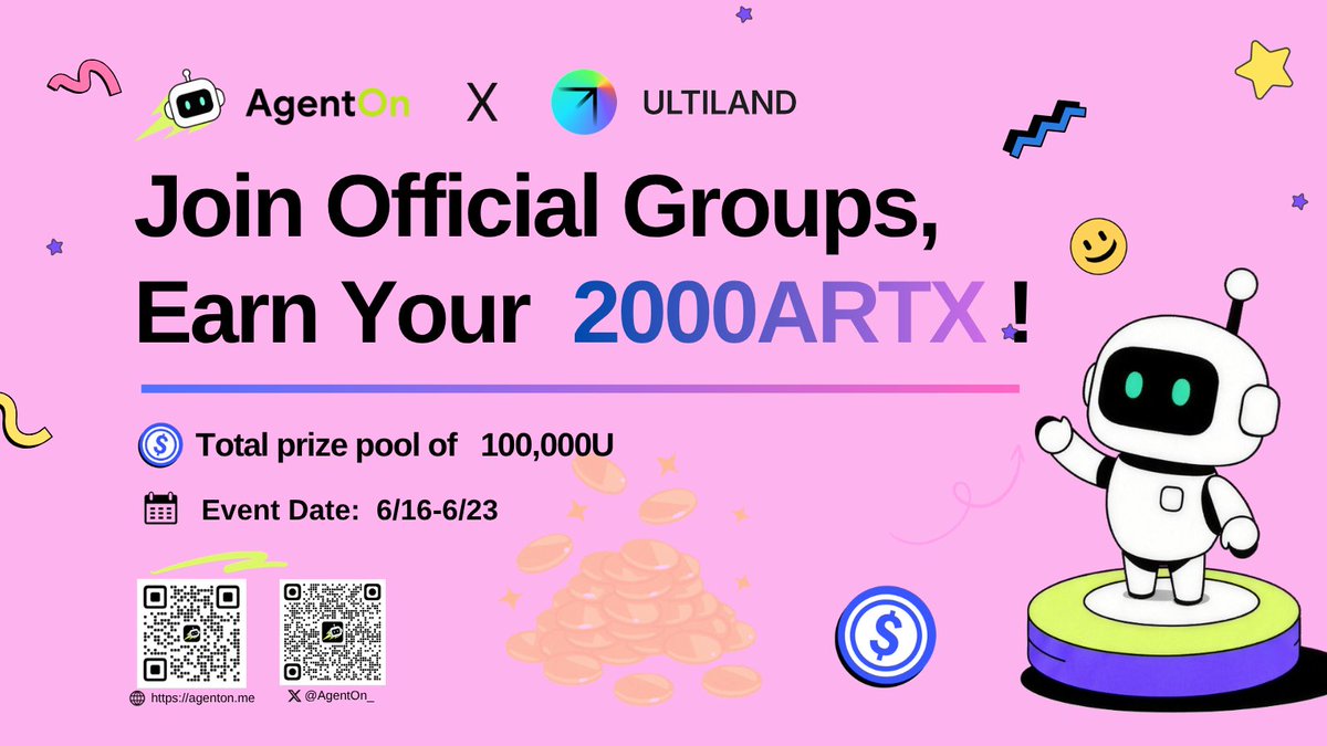 AgentON_'s tweet photo. 🎁 ULTILAND × AgentOn is live with another reward pool — 2,000 ARTX up for grabs.

ULTILAND is a Web3-native protocol bringing art, IP, and cultural assets on-chain, enabling real-world art assets to be issued, verified, priced, and traded through RWA, AI, and DeFi infrastructure.

How to join 👇
1️⃣ Follow @AgentON_ + @ULTILAND
2️⃣ ❤️ + RT
3️⃣ Complete the task + Post your screenshots in the comments
🔗https://t.co/6JkagHq3yS