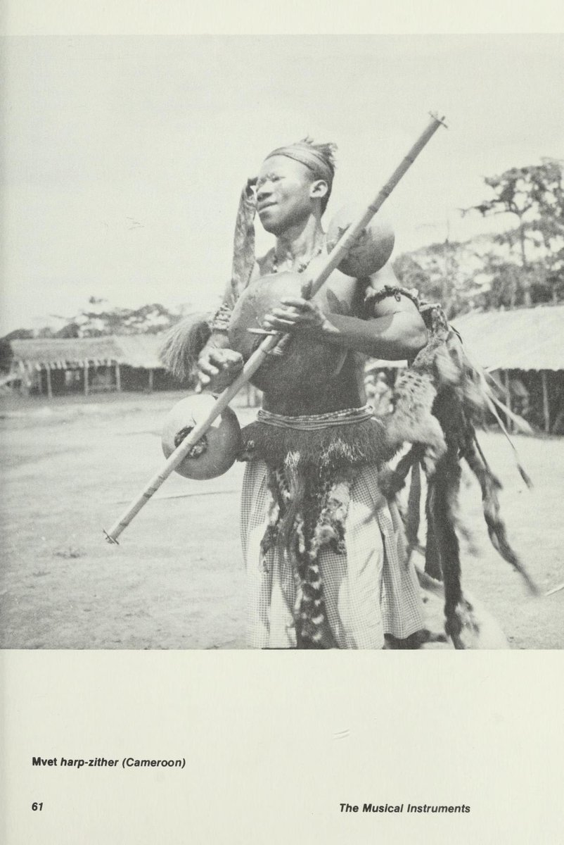 Africanistkemte's tweet photo. 1/4 African harps are among the continent’s oldest and most diverse string traditions. Francis Bebey maps them across Central and West Africa.

In western Mayo-Kebbi, Chad, Massa musicians played the Dilla, a four-stringed bow-harp.Among the Pongwe of Gabon, the eight-stringed Wombi harp accompanied a woman healer whose spirit travelled into the supernatural world to discover medicines. The harp became the medium of that journey; its head was often carved as Ditsuna, Goddess of Day.

The kora is a West African harp-lute: a skin-covered half-calabash sound-box, long neck, tall bridge and normally 21 strings. Ten strings lie on one side and eleven on the other, making it effectively a double harp—yet its neck also makes it a lute.

Some  says the kora originated in Mali and Guinea and spread across Guinea, Gambia, Senegal and southern Mali. Griots used it for solos, royal and historical praise—including songs of Sundiata—and in ensembles with voices, drums and balafon.

The mvet of Cameroon is a harp-zither and an instrument of epic narration. Fang versions normally have four strings raised from a palm stalk; a central bridge divides them into two playing areas. Its sound summons silence, carries the story and fills the narrator’s pauses.