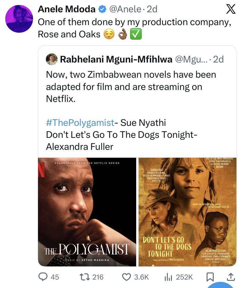 Pfunzo_T's tweet photo. @luthando_co @lucstheguy @KEAMO_THAI @SueNyathi Anele’s production company is Rose and Oaks and they did the movie called let’s go to the dogs tonight which is also based on the novel written by a Zimbabwean author!  She was referring to that movie here not the polygamist. https://t.co/g1sh63JXG8