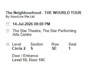 jihuarchv's tweet photo. WTS The Neighbourhood Singapore Ticket 🎟️
14 July 2026
1 ticket available for Circle 2 Level S Row SE Seat 1
Price: SGD 108 / IDR 1.500.000
Legit ticket, proof of purchase available.
DM if interested. Serious buyers only. #TheNeighbourhoodinSG #TheNeighbourhood #Singapore https://t.co/sd6dGfmtRt
