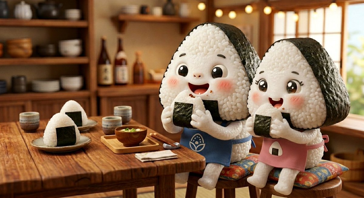 cap2942's tweet photo. 6/18本日は「おにぎりの日」です🍙
おにぎり��妹が仲良くおにぎりを食べているとてもほっこりする画像を生成したつもりですが、おにぎりがおにぎりを食べるっ、なんだか..........😅
そんな今日のお昼はおにぎりで決まりですね👍✨

#デザイン #画像生成AI #今日は何の日 #おにぎりの日 https://t.co/rrH9ckk2Zj