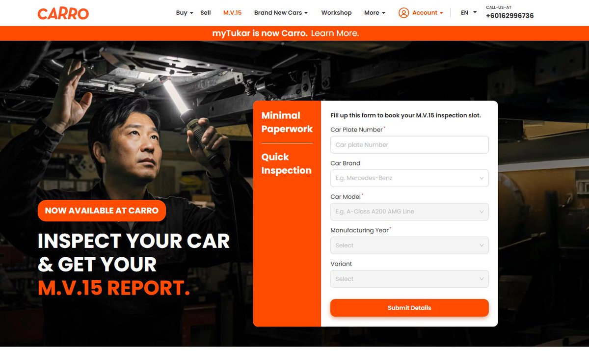 azlanrant's tweet photo. Carro (formerly MyTukar) dah start buka appointment untuk private vehicle inspection M.V.15 sbg alternatif gantikan puspakom, yuran sama RM 37.80 (RM 30 + RM 5 Processing fee + RM 2.80 8% SST). boleh cuba ni kot at least takde la padat sgt kat puspakom tu https://t.co/fiKDgr1fsU