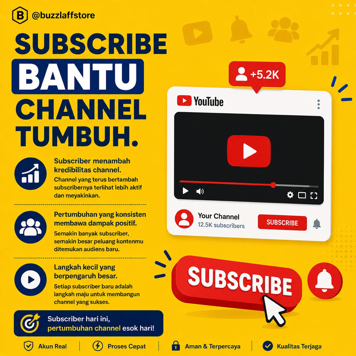 buzzlaffstore's tweet photo. Channel yang terus bertambah subscribernya terlihat lebih aktif dan meyakinkan. Pertumbuhan yang konsisten juga membuat audiens lebih percaya untuk mengikuti konten berikutnya. Proses membangun channel dimulai dari langkah kecil.
#jasabuzzer #subscribeyoutube #zonauang https://t.co/ySKsgv2VzT