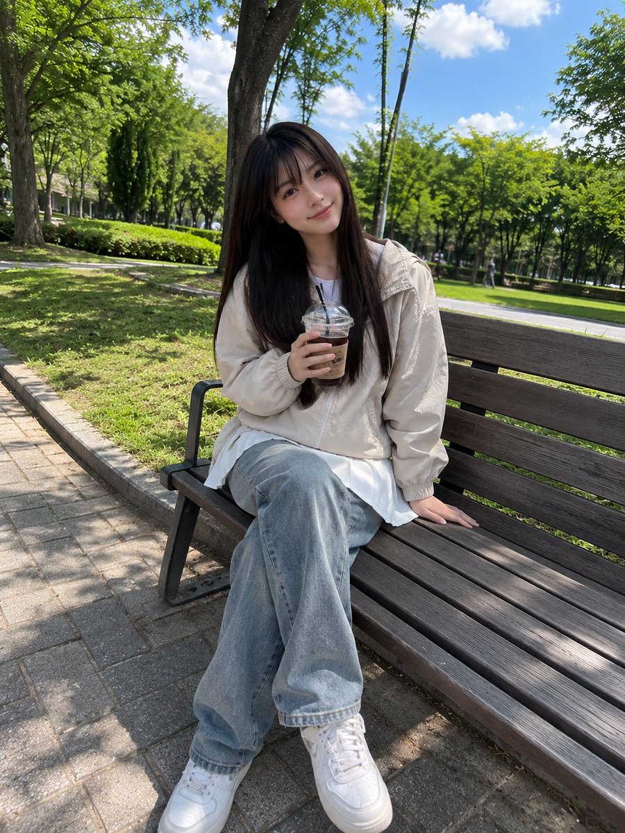 Beautiful young Japanese girl with long straight dark brown 