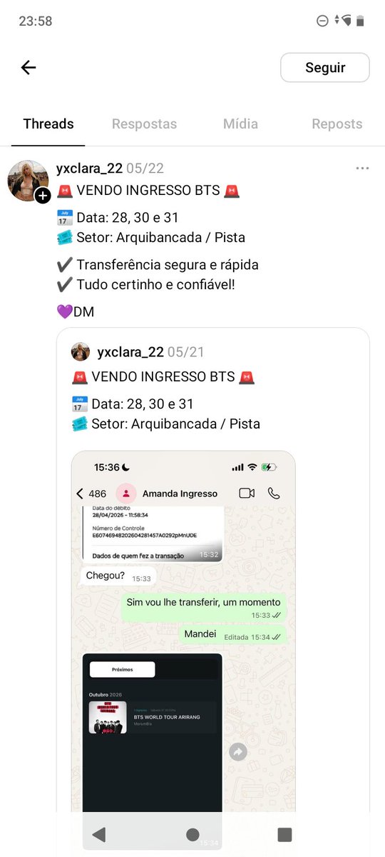 nadjashadows's tweet photo. @deborahcamilee ela também está aplicando golpes em fãs do BTS no threads 

ingresso bts army https://t.co/F3qQuw0I4Q