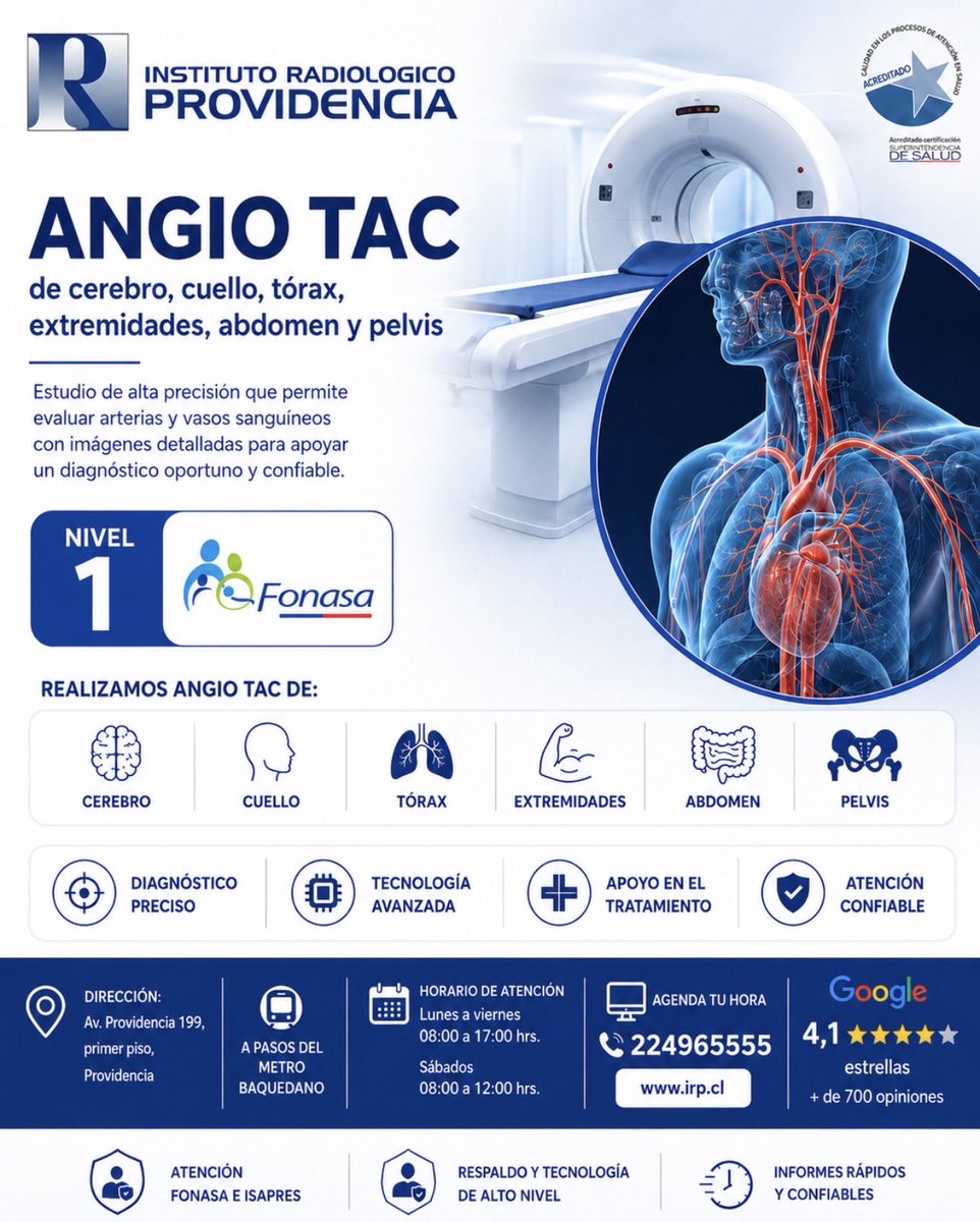 IRPdiagnostico's tweet photo. AngioTac Fonasa Nivel 1 en Providencia. 
Instituto Radiológico Providencia 50 años entregando salud de calidad al mejor precio. https://t.co/Rp1R4qXEcA