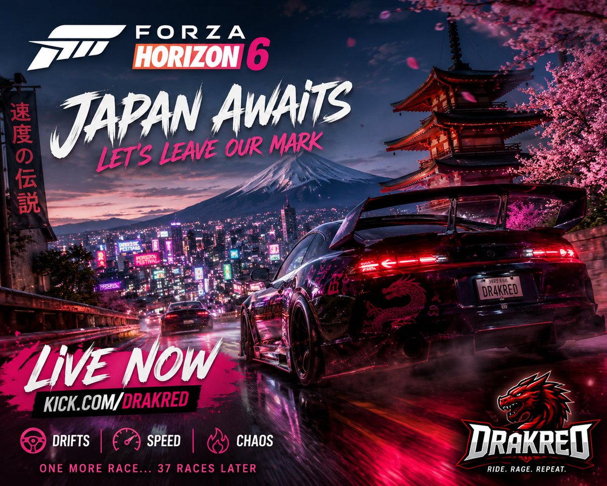 drakred89's tweet photo. 🏎️🔥 Tonight we're tearing through Japan in #ForzaHorizon6!
Drifts, speed, questionable driving choices, and hopefully not too many guardrails sacrificed.
LIVE NOW 👉 https://t.co/wRpsRVnuDw

#ForzaHorizon6 #KickStreamer #GamingCommunity https://t.co/pmIA2bBLis