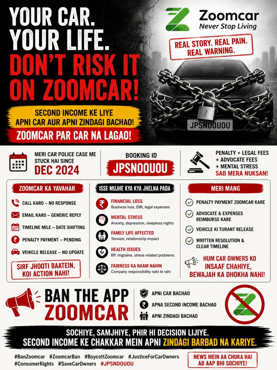 cpmeft12's tweet photo. Despite continuous follow-ups, calls, emails, and assurances, there is still no clear timeline for vehicle release, penalty payment, or reimbursement.

Now even national media is highlighting concerns around private cars being used on @Zoomcar__India
#BanZoomcar @PMOIndia https://t.co/s1SDQp1UCI
