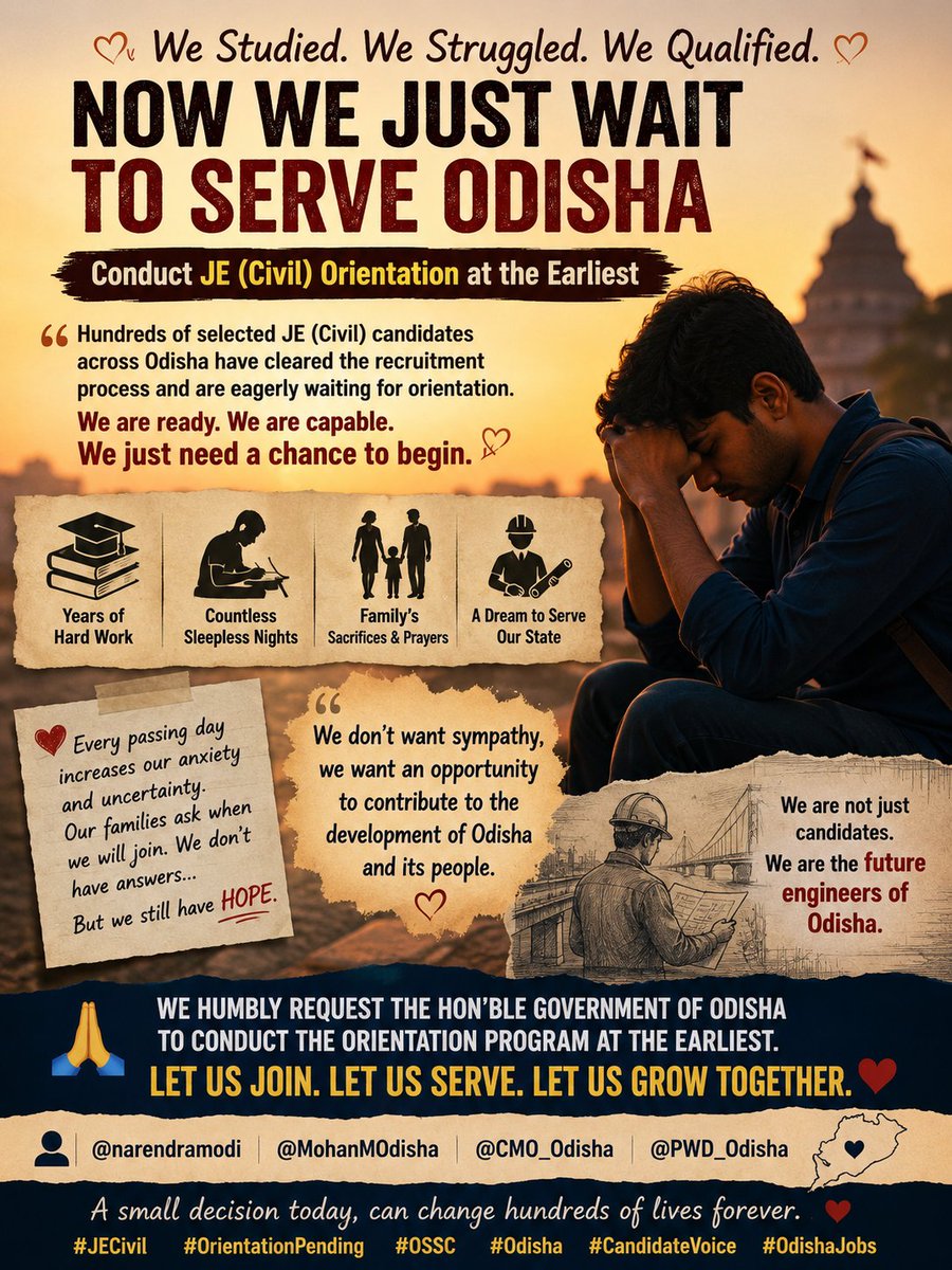 JeebanjyotiSaho's tweet photo. @narendramodi we Selected JE civil
candidates have completed all recruitment formalities &amp; eagerly awaiting orientation.We respectfully request the Govt &amp; the concerned departments to conduct the orientation at the earliest.we have complete @CMO_Odisha @punarbashu @BJP4India https://t.co/gW9YSk1EWm