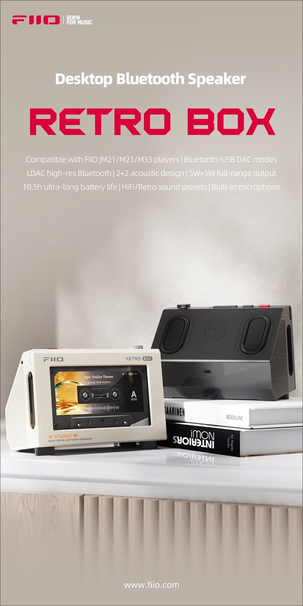 stufflistings's tweet photo. Gadget of the day.

A Bluetooth speaker shaped like a retro tape deck.

2+2 acoustic design, 5W+5W output, LDAC high-res Bluetooth, USB DAC mode, 10.5 hours of battery life, and HiFi/Retro sound presets. Compatible with the JM21, M21, and M33 players.

The FIIO Retro Box... https://t.co/yyUvG7XLlA