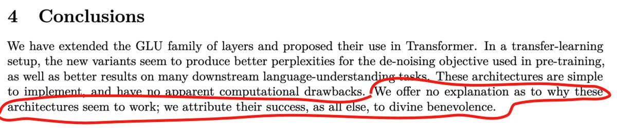 aryaman2020's tweet photo. since Noam Shazeer is in the news for (probably deservedly) making 1e9 more dollars, i have to say this is my least favourite quote in his work. in my view, the goal of interpretability should be to prevent such claims from being made ever again https://t.co/nxZwSdNylA