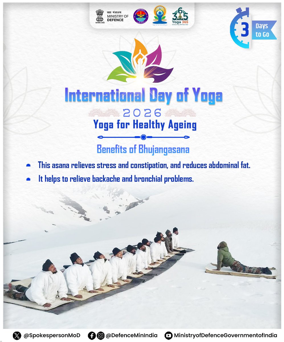 SpokespersonMoD's tweet photo. Just 3 days to go until the International Day of Yoga 2026!

Embrace the power of Bhujangasana (Cobra Pose) to improve flexibility, relieve stress, support digestion, and strengthen your back. A simple practice for healthy ageing and overall well-being.

#IDY2026 #InternationalDayOfYoga2026 #YogaForHealthyAgeing