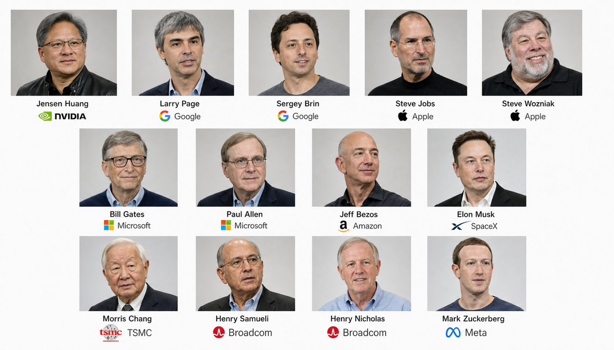 FinanceYF5's tweet photo. 创立时年龄

黄仁勋，NVIDIA，30岁
Page、Brin，Google，均为25岁
Jobs、Wozniak，Apple，21岁和25岁
Gates、Allen，Microsoft，19岁和22岁
Bezos，Amazon，30岁
Musk，SpaceX，30岁
张忠谋，TSMC，55岁
Samueli、Nicholas，Broadcom，36岁和31岁
Zuckerberg，Meta，19岁

平均29岁 https://t.co/hHAOEcCXjs