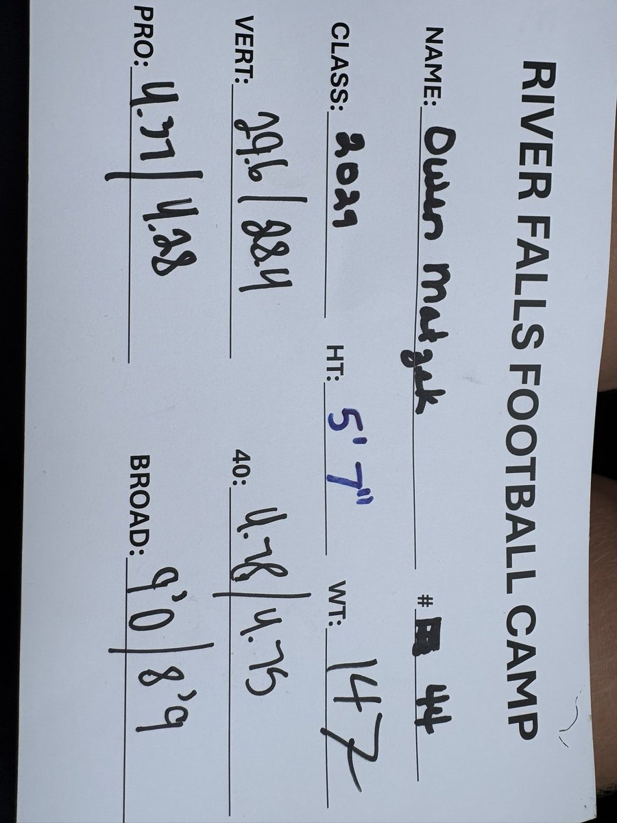 OwenMatzek20's tweet photo. I had a great time competing with the quarterbacks at the @MNWI_MegaCamp today. Thank you to @UWRFFootball for all the work they put into today! 

Pro Agility: 4.28
40 Yard Dash: 4.75
Broad Jump: 9 ft
Vertical: 29.6”

@MJ_NFLDraft 
@PrepRedzoneWI 
@coach_tack 
@TravisBOUND https://t.co/4z92MbmKAl