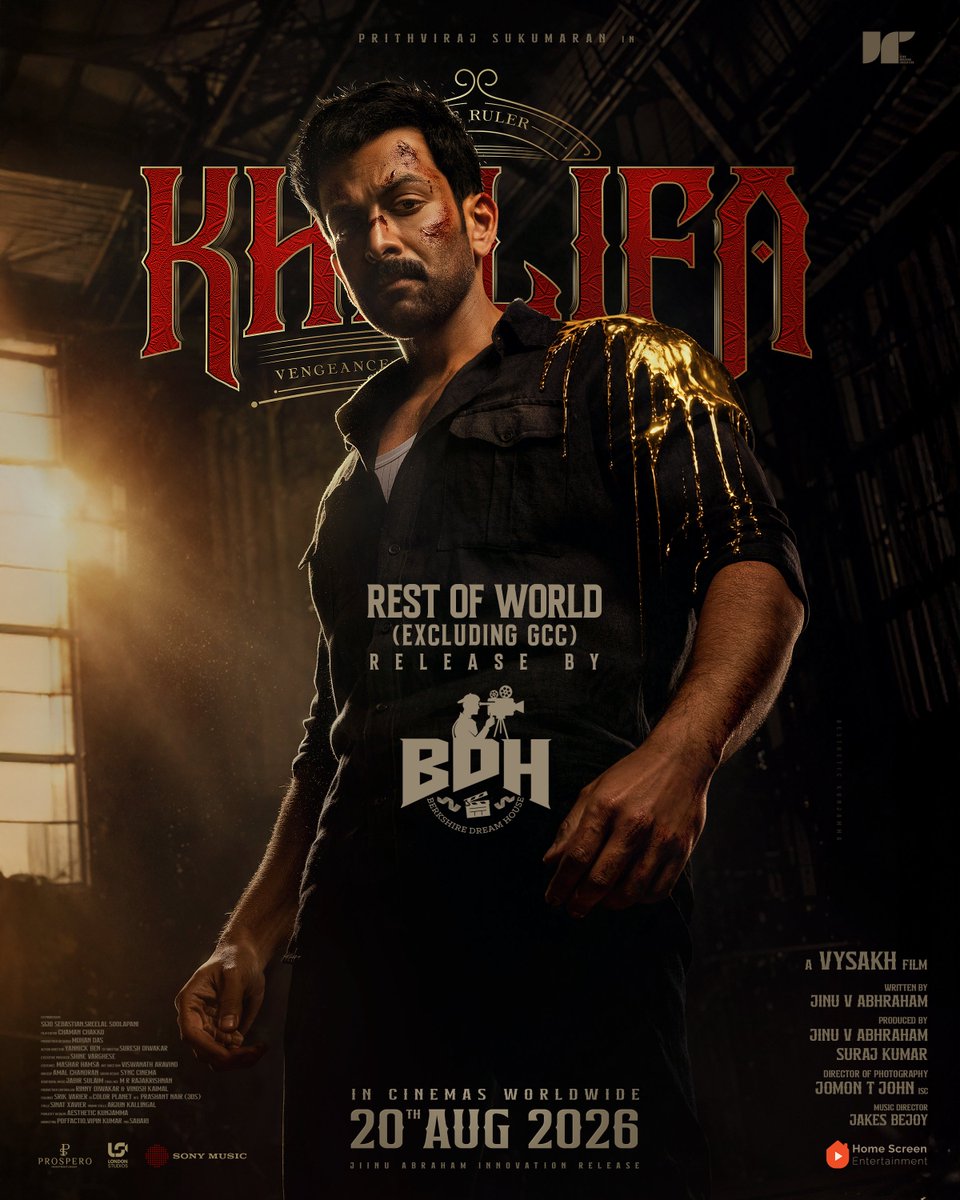 homescreenent's tweet photo. We are thrilled to announce that Berkshire DreamHouse is bringing #Khalifa to audiences across the Rest of the World (excluding the GCC).
In cinemas from 20 August 2026.
@PrithviOfficial @Mohanlal #Vysakh #JinuVAbhraham @antonypbvr @jakes_bejoy #SurajKumar @NeilNMukesh #ChamanChacko #JomonTJohn @SonyMusicSouth @poffactio