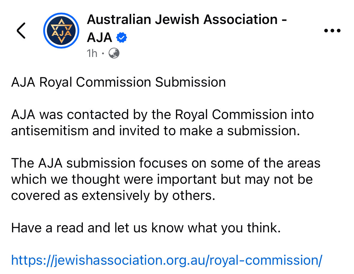 AltMediaWatch's tweet photo. The Royal Commission into Antisemitism invited the AJA, who currently being sued at the Anti-Discrimination Board of NSW for racial &amp; religious vilification to give a submission.

They then used said submission to racially &amp; religiously vilify Palestinians and Muslims, well done! https://t.co/PsfFrPbzob