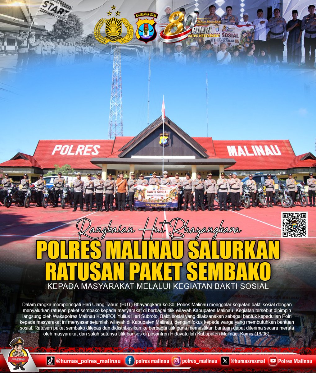HumasResmal's tweet photo. Dalam rangka memperingati Hari Ulang Tahun (HUT) Bhayangkara ke-80, Polres Malinau menggelar kegiatan bakti sosial dengan menyalurkan ratusan paket sembako kepada masyarakat di berbagai titik wilayah Kabupaten Malinau. https://t.co/5mZYPpWOLo