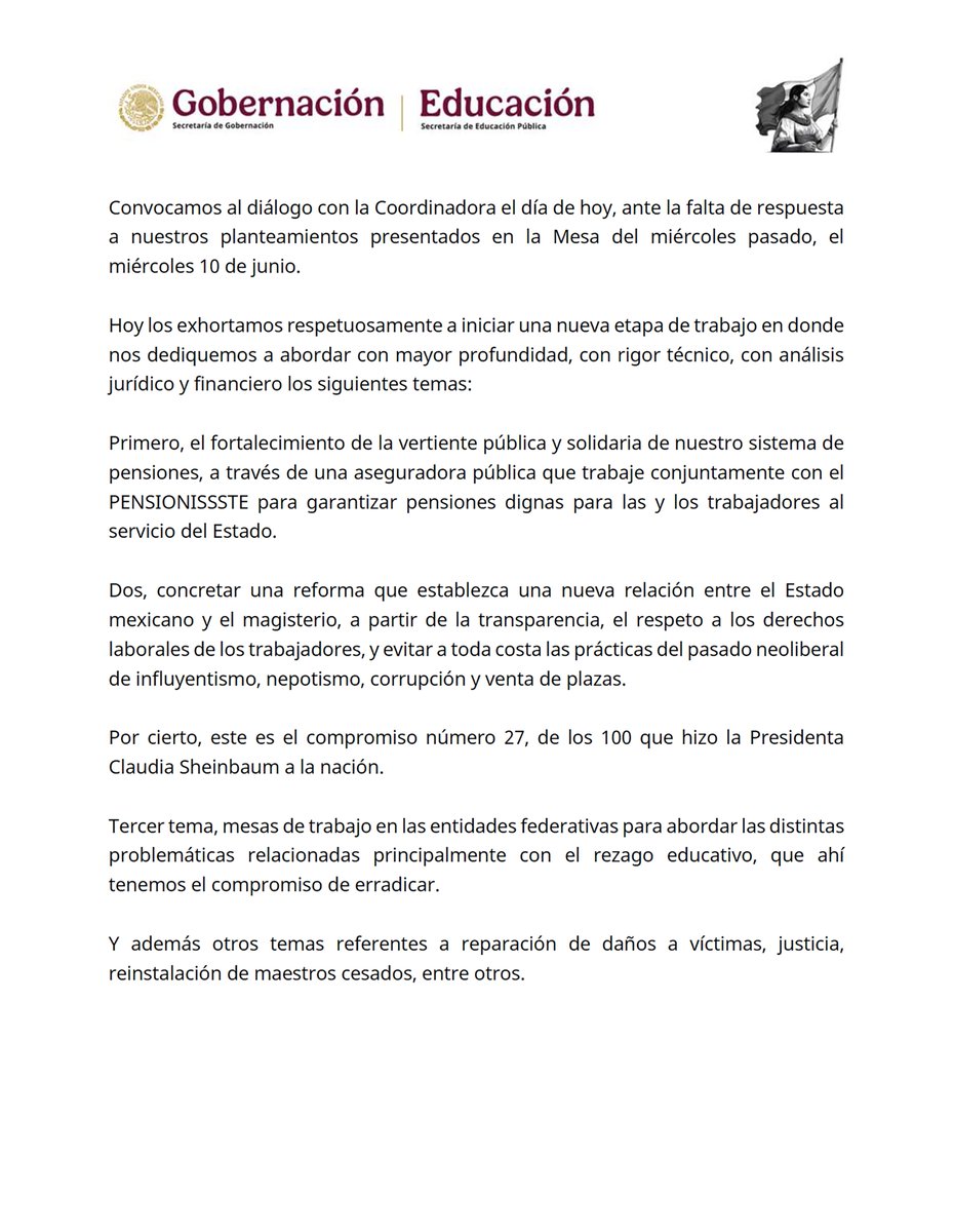 SEP_mx's tweet photo. #TuSecretarioInforma🗞️ | En las últimas semanas hemos realizado cinco reuniones directas con la CNTE y 50 mesas de trabajo con autoridades educativas, gobiernos estatales y representantes magisteriales.

Reiteramos nuestra disposición al diálogo para avanzar en acuerdos en favor del magisterio.

https://t.co/DoYmE66O10