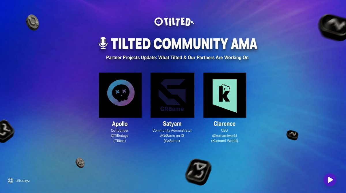 sarahaustin's tweet photo. AMA Friday: Partner Projects Update — Tilted & Our Partners in Action

Two teams. One room. A real look at what's getting built across the network.

🗓 June 19 • 8AM UTC 
📍 Tilted Discord → https://t.co/YuciDbF3y2

Host
Apollo — Co-founder @Tiltedxyz
Speakers
• Clarence — CEO @kumamiworld (Kumami World) 
• Satyam — Community Admin @Gr8ame

We'll cover what each team is shipping right now, where Tilted and Kumami World are building together, honest signals on what's clicking and what we're iterating on — plus open Q&A.

Set your reminder and join us.