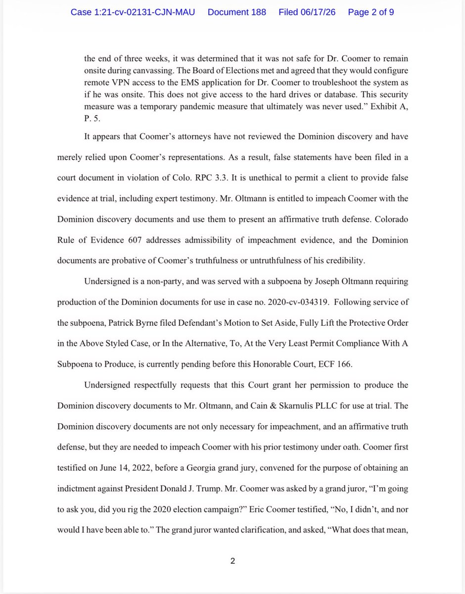 Joeoltmann's tweet photo. 🚨🚨🚨Breaking…🚨🚨🚨 

They sealed the information related to Eric Coomer in the Dominion V Byrne case in DC hiding the information related to crimes committed by Coomer et al. Coomer lied over and over and over and over again. My reputation has been permanently destroyed by Dominion, the leftist media and Coomer who lied not only about being on the Antifa call but also about his part in the election theft. I’ve come full circle and I truly believe @realDonaldTrump will hold Coomer and others accountable. Yet this was yet another record that needed to be made related to the impeachment documents that led to a criminal investigation and ultimately a potential indictment. 

Stefanie Lambert filed this after we filed a subpoena to produce that same documentation. Keep in mind the Fed judge in that case ordered Stefanie to destroy the evidence we are seeking that 💯 connects dots and proves Coomer is and has been complicit in stealing the voice of the American people. It’s 9 pages. Read all of it… Coomer wants to at trial “be his own expert witness” yet says he is not really an expert. Again I have come full circle understanding what I am up against. Yet it is maddening that this charade, perpetrated by the left and the crappy liars who say they are on our side, has gone on for nearly 6 years. 

I want my day in court and I equally want accountability. Pages 5-9 are in the first comment. Share and tell me again, just how secure our elections are…. The gig is up.