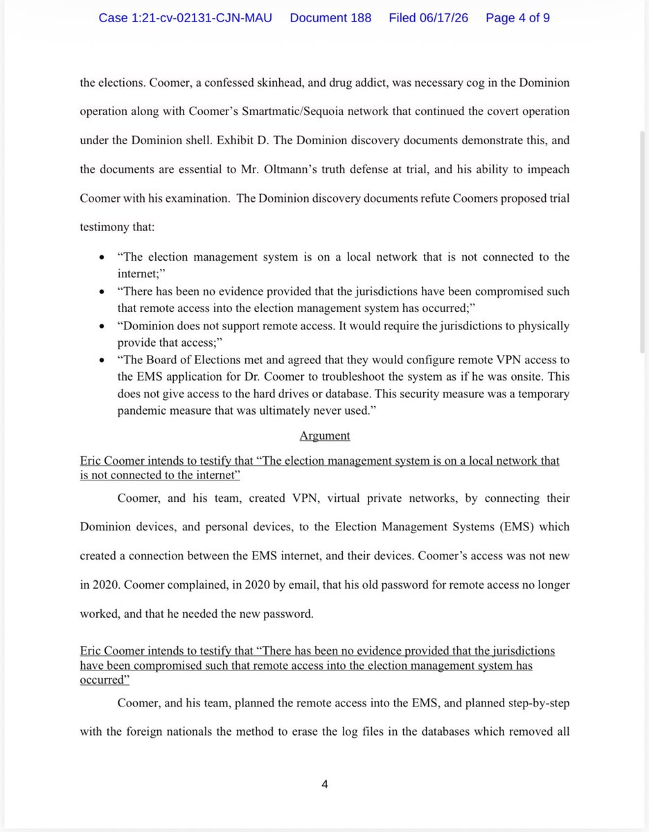 Joeoltmann's tweet photo. 🚨🚨🚨Breaking…🚨🚨🚨 

They sealed the information related to Eric Coomer in the Dominion V Byrne case in DC hiding the information related to crimes committed by Coomer et al. Coomer lied over and over and over and over again. My reputation has been permanently destroyed by Dominion, the leftist media and Coomer who lied not only about being on the Antifa call but also about his part in the election theft. I’ve come full circle and I truly believe @realDonaldTrump will hold Coomer and others accountable. Yet this was yet another record that needed to be made related to the impeachment documents that led to a criminal investigation and ultimately a potential indictment. 

Stefanie Lambert filed this after we filed a subpoena to produce that same documentation. Keep in mind the Fed judge in that case ordered Stefanie to destroy the evidence we are seeking that 💯 connects dots and proves Coomer is and has been complicit in stealing the voice of the American people. It’s 9 pages. Read all of it… Coomer wants to at trial “be his own expert witness” yet says he is not really an expert. Again I have come full circle understanding what I am up against. Yet it is maddening that this charade, perpetrated by the left and the crappy liars who say they are on our side, has gone on for nearly 6 years. 

I want my day in court and I equally want accountability. Pages 5-9 are in the first comment. Share and tell me again, just how secure our elections are…. The gig is up.