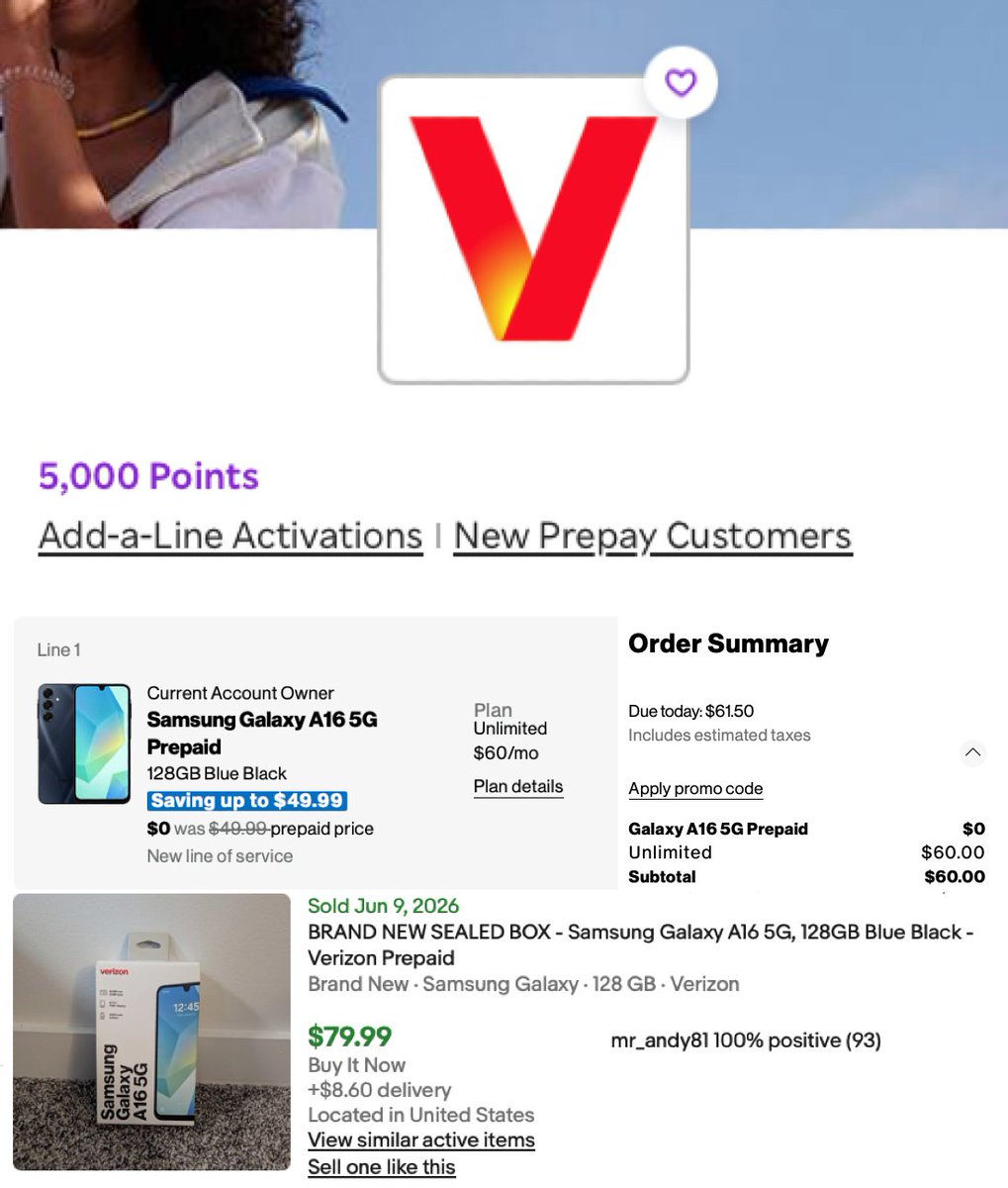 glitchaddicts's tweet photo. I JUST FOUND A VERIZON LOOPHOLE

Rakuten pays $50 for prepaid + add-a-line activations.

Get Galaxy A16 5G for $60, then go back through Rakuten and add another line for $40 then again with $50 cashback

Each phone sells for $80 on eBay

Guide below:

https://t.co/R0khdu1tiV #ad https://t.co/UaIIHYezkw