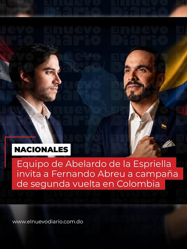 elnuevodiariord's tweet photo. El equipo de campaña del candidato presidencial colombiano Abelardo de la Espriella extendió una invitación al dirigente político dominicano Fernando Abreu (@Fernan_Abreu), para acompañar las actividades proselitistas de cara a la segunda vuelta de las elecciones presidenciales de Colombia programada para el próximo 21 de junio.

De acuerdo con la información difundida por el equipo de Abreu, la invitación representa un reconocimiento al liderazgo político que ha desarrollado en la República Dominicana al frente del movimiento @Patrialibre_do.

El comunicado señala que la presencia de Abreu en Colombia permitirá estrechar vínculos con líderes y movimientos políticos de la región que promueven iniciativas relacionadas con la libertad económica, la seguridad ciudadana, la defensa de la soberanía nacional y el fortalecimiento institucional.

#ElNuevoDiarioRD🤳