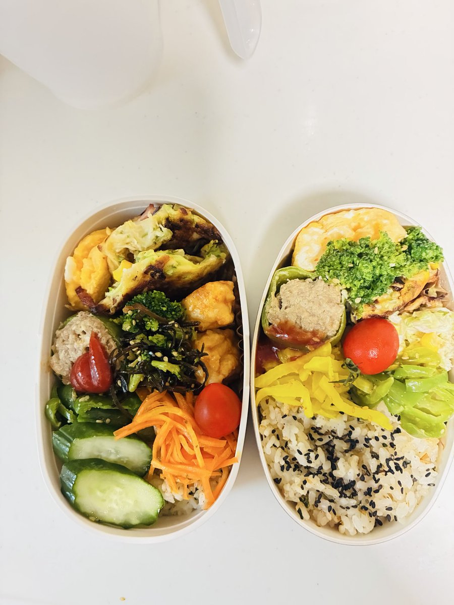 akka_t's tweet photo. 今日のお弁当。
右がJK、左が私の残り物つめつめ弁当。
私のの方が彩りがいい気がする…人参か、人参のオレンジがいい仕事をしているのか。
無限キャベツのレシピを教えてもらったので作ってみた、全あっか子が食いついた。勿論お弁当にもイン https://t.co/rIkpW5eEeH