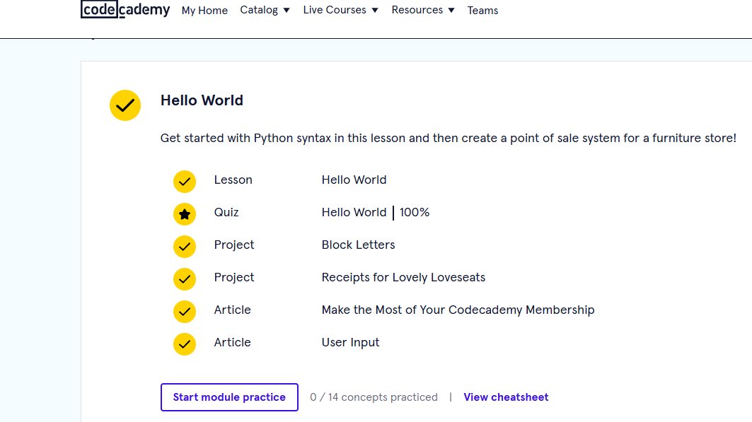 elcybercar's tweet photo. Completed Hello World on @Codecademy. So far its informative and lots of resources to use! Now to practice all the concepts. 
#python #codecademy #programming #coding https://t.co/4gQ5l2aEYE