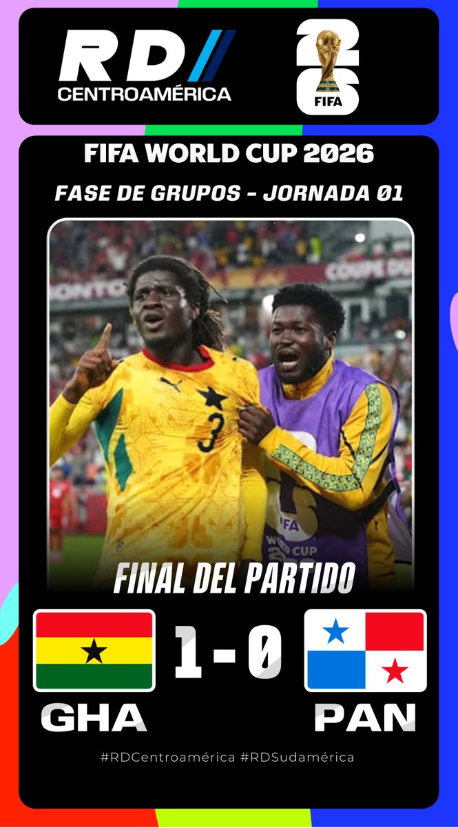 DeportivaCR's tweet photo. Partido Finalizado @FIFAWorldCup 2026
Fase de Grupos - Grupo L - Jornada 01
🇬🇭 @GhanaBlackstars 1-0 @fepafut 🇵🇦
Gol: 🇬🇭 Caleb Yirenkyi 90'+5
#FIFAWorldCup #GHAvsPAN #Somos26 #ElMundialEsNuestro #WeAre26 https://t.co/2Omo3FRGDk